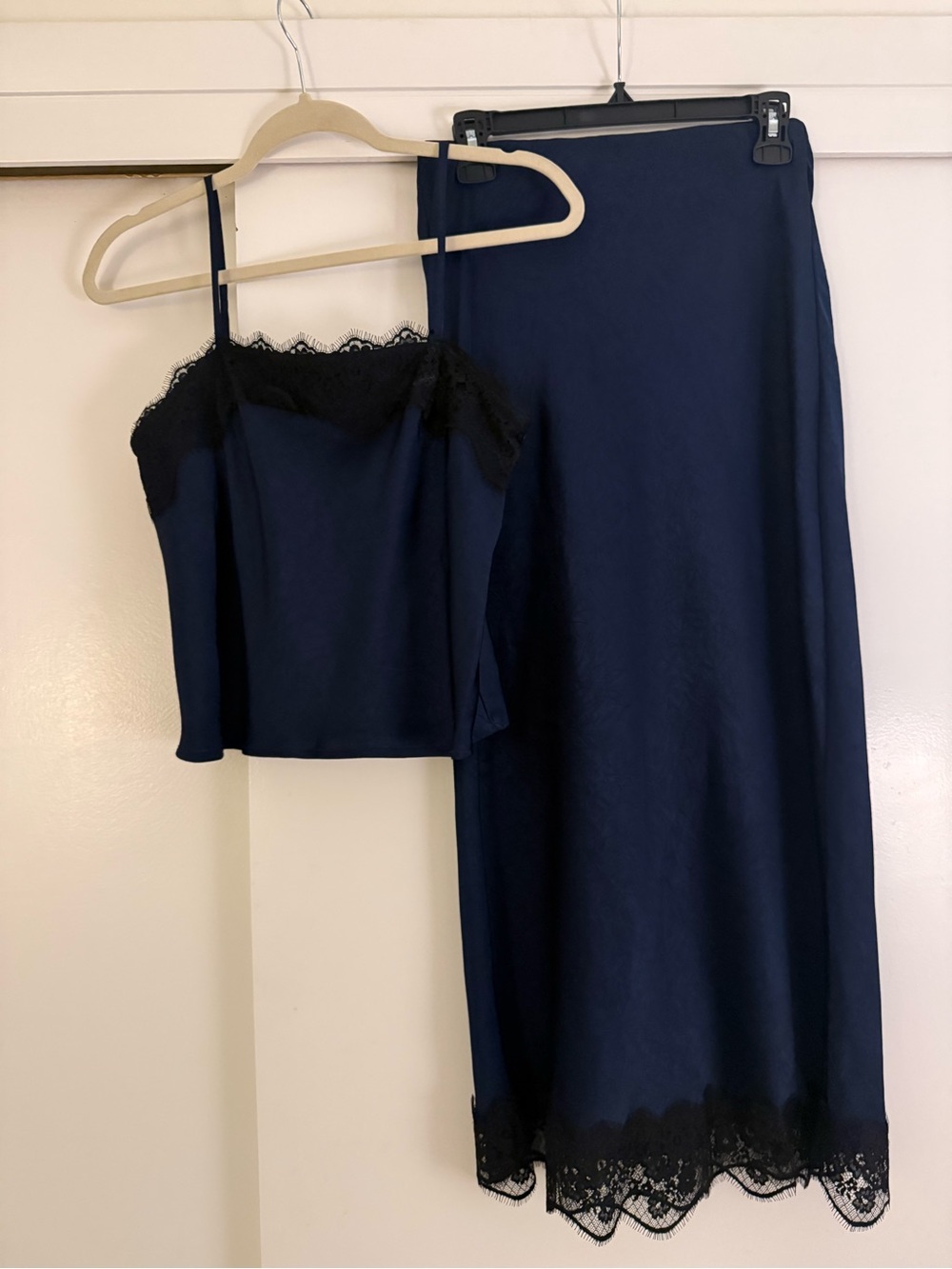 A new day Navy Satin Maxi Skirt Set with Black Lace Trim